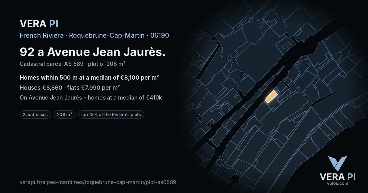 92 a Avenue Jean Jaurès, Roquebrune-Cap-Martin at night – the plot lit, the parcels around coloured by the prices near them