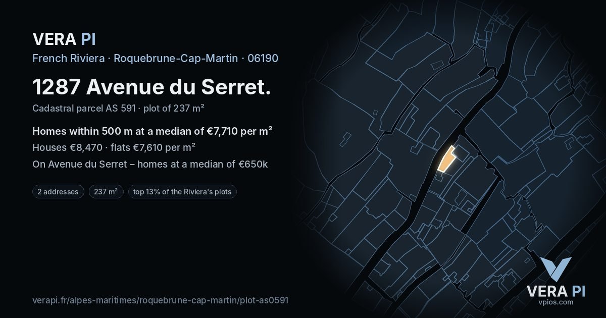 1287 Avenue du Serret, Roquebrune-Cap-Martin at night – the plot lit, the parcels around coloured by the prices near them