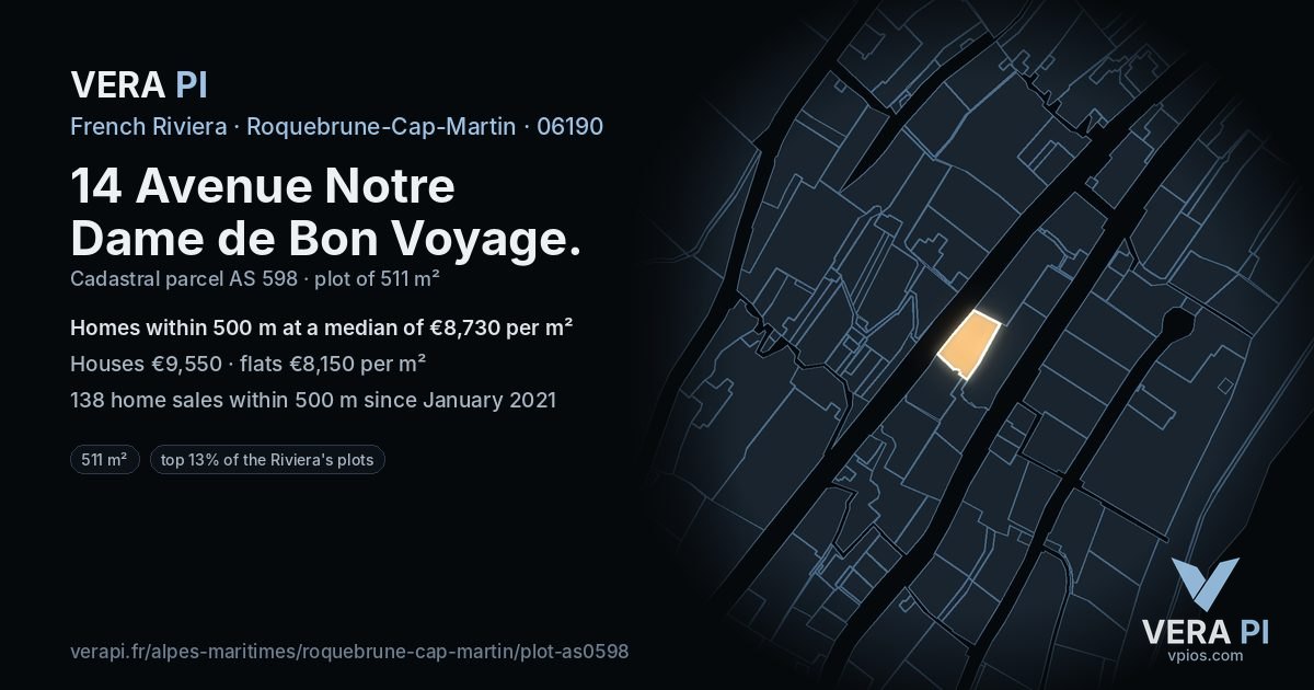 14 Avenue Notre Dame de Bon Voyage, Roquebrune-Cap-Martin at night – the plot lit, the parcels around coloured by the prices near them
