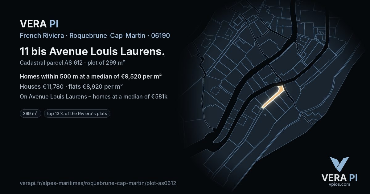 11 bis Avenue Louis Laurens, Roquebrune-Cap-Martin at night – the plot lit, the parcels around coloured by the prices near them