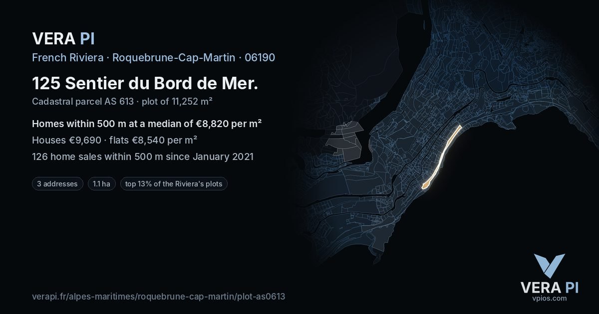 125 Sentier du Bord de Mer, Roquebrune-Cap-Martin at night – the plot lit, the parcels around coloured by the prices near them