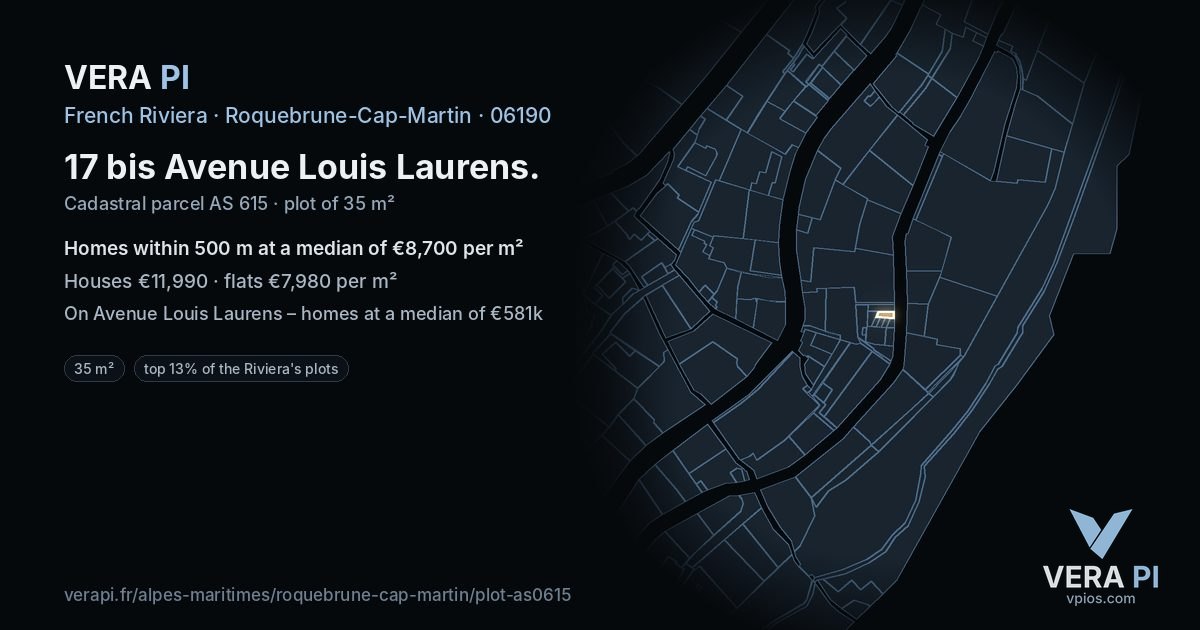 17 bis Avenue Louis Laurens, Roquebrune-Cap-Martin at night – the plot lit, the parcels around coloured by the prices near them