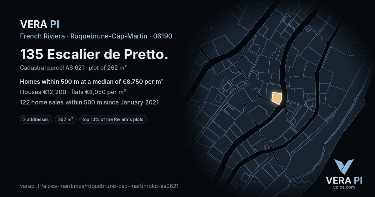135 Escalier de Pretto, Roquebrune-Cap-Martin at night – the plot lit, the parcels around coloured by the prices near them
