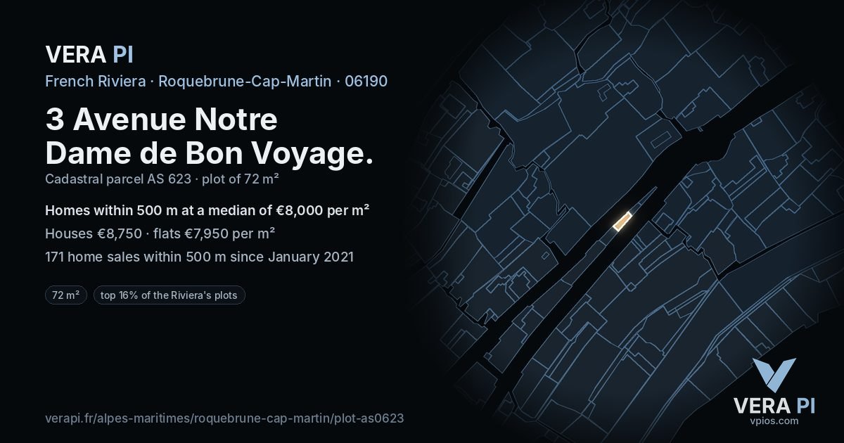 3 Avenue Notre Dame de Bon Voyage, Roquebrune-Cap-Martin at night – the plot lit, the parcels around coloured by the prices near them