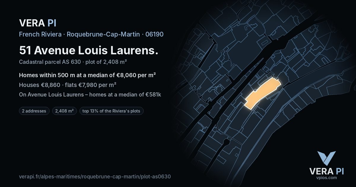 51 Avenue Louis Laurens, Roquebrune-Cap-Martin at night – the plot lit, the parcels around coloured by the prices near them