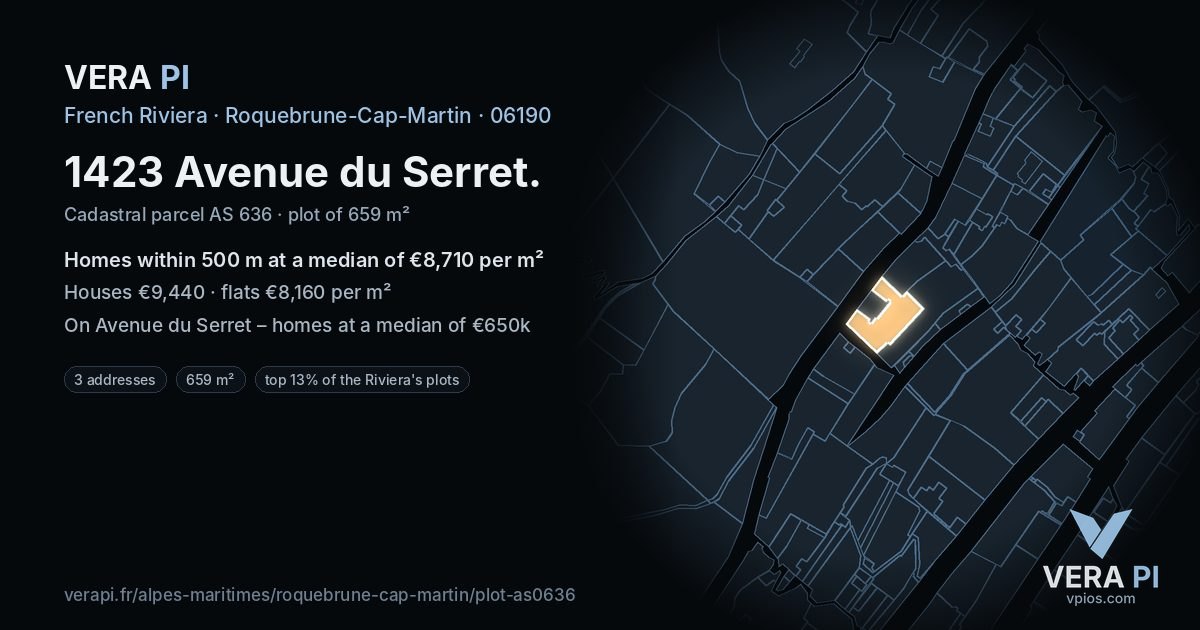 1423 Avenue du Serret, Roquebrune-Cap-Martin at night – the plot lit, the parcels around coloured by the prices near them