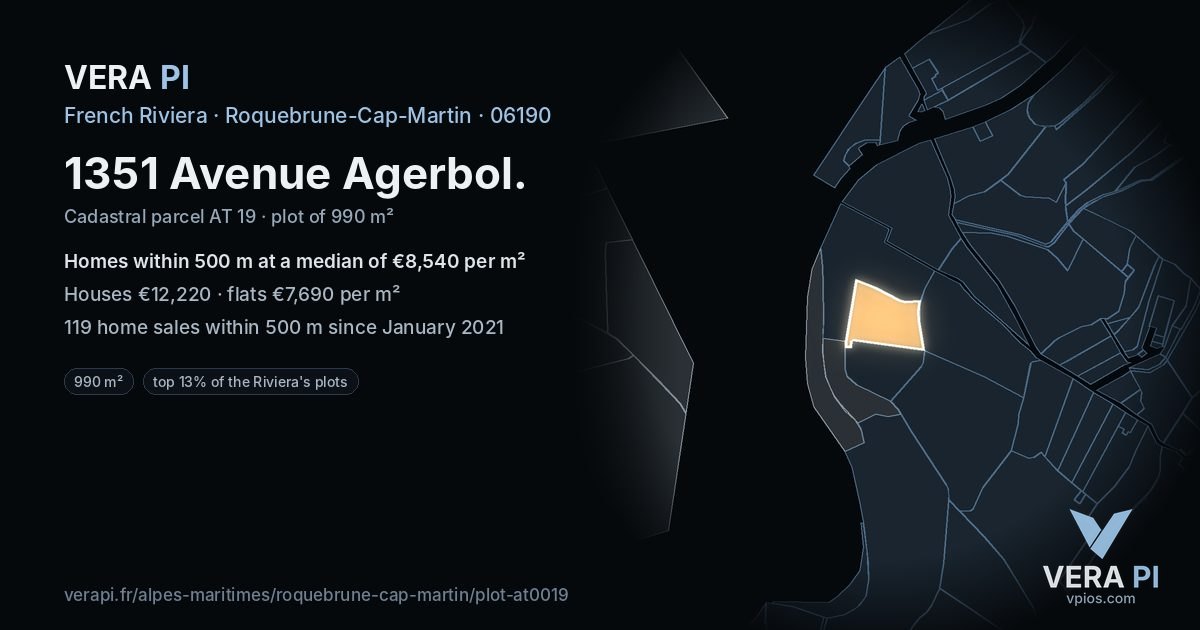 1351 Avenue Agerbol, Roquebrune-Cap-Martin at night – the plot lit, the parcels around coloured by the prices near them