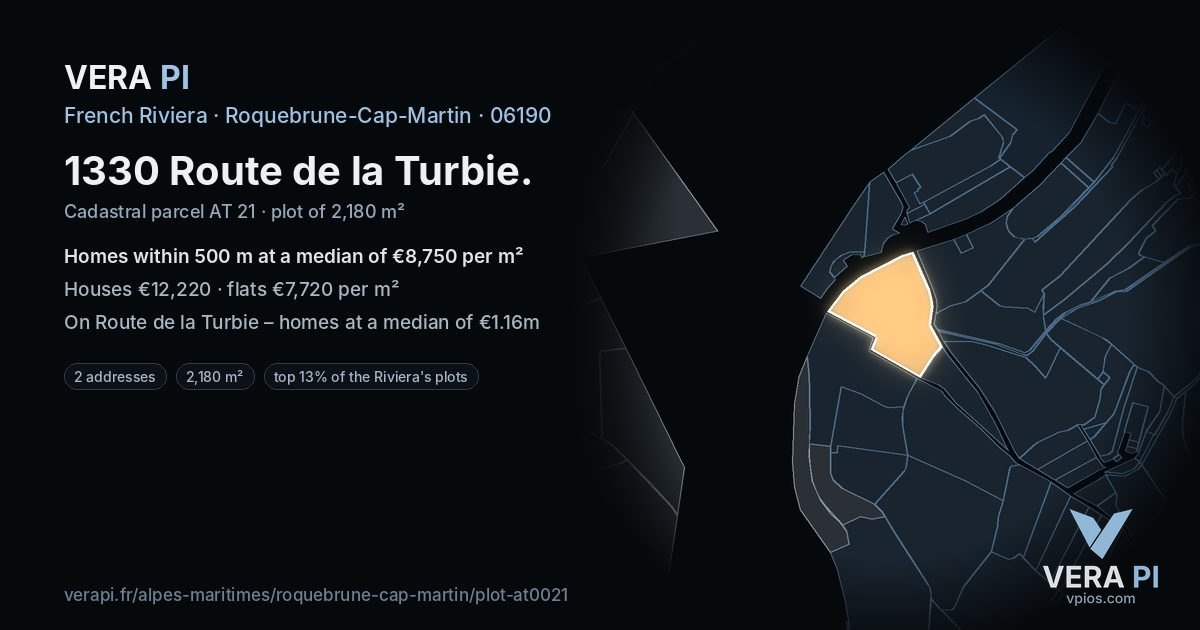 1330 Route de la Turbie, Roquebrune-Cap-Martin at night – the plot lit, the parcels around coloured by the prices near them