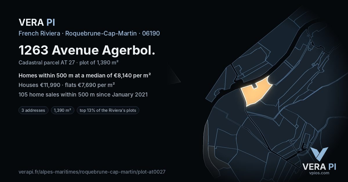 1263 Avenue Agerbol, Roquebrune-Cap-Martin at night – the plot lit, the parcels around coloured by the prices near them