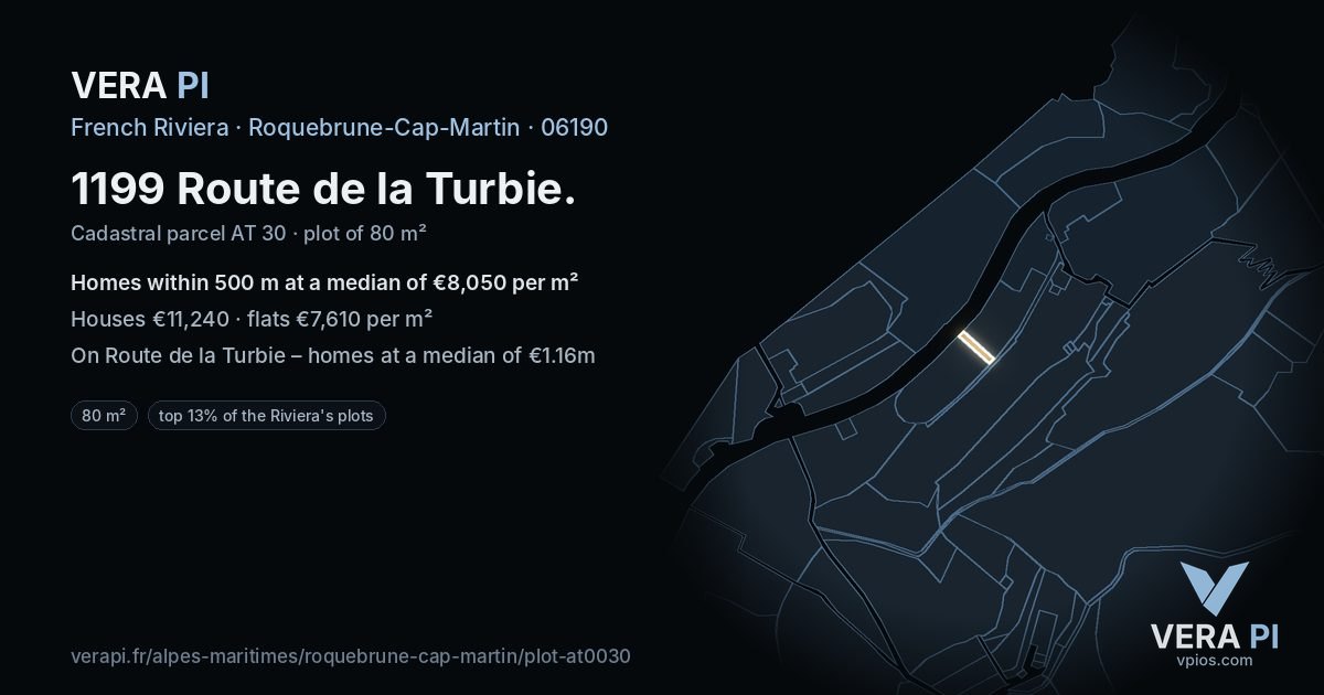 1199 Route de la Turbie, Roquebrune-Cap-Martin at night – the plot lit, the parcels around coloured by the prices near them