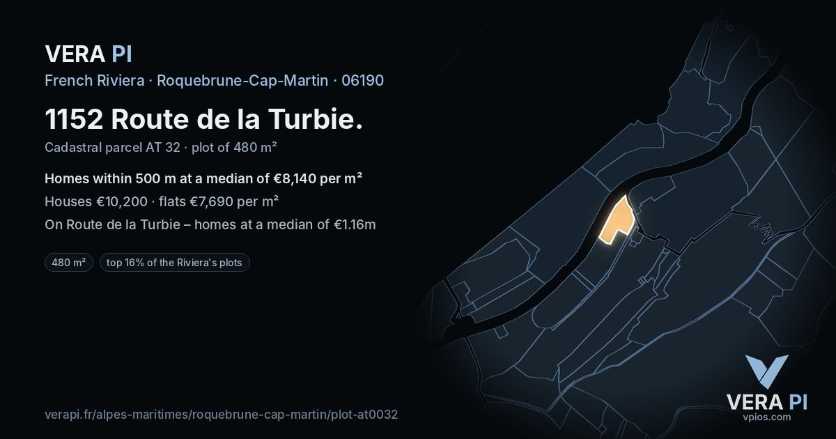 1152 Route de la Turbie, Roquebrune-Cap-Martin at night – the plot lit, the parcels around coloured by the prices near them