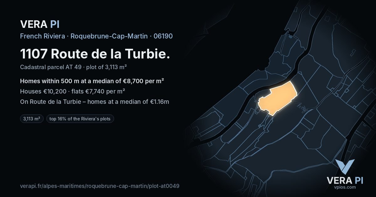 1107 Route de la Turbie, Roquebrune-Cap-Martin at night – the plot lit, the parcels around coloured by the prices near them
