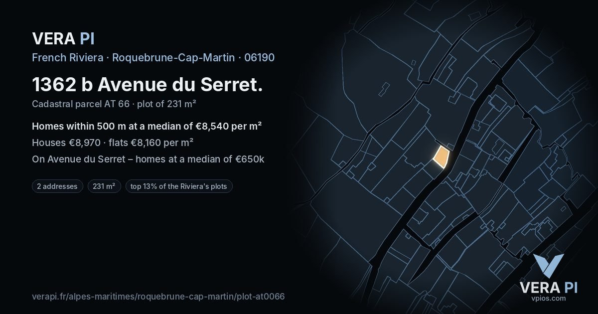 1362 b Avenue du Serret, Roquebrune-Cap-Martin at night – the plot lit, the parcels around coloured by the prices near them