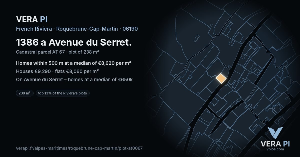 1386 a Avenue du Serret, Roquebrune-Cap-Martin at night – the plot lit, the parcels around coloured by the prices near them