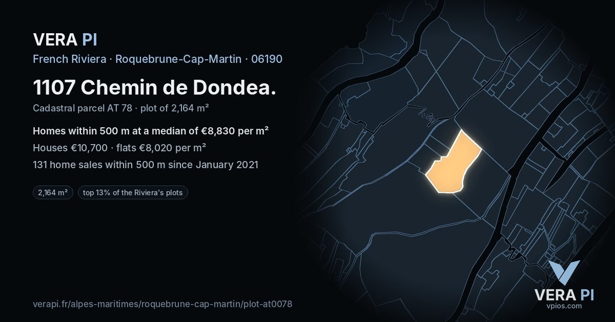 1107 Chemin de Dondea, Roquebrune-Cap-Martin at night – the plot lit, the parcels around coloured by the prices near them