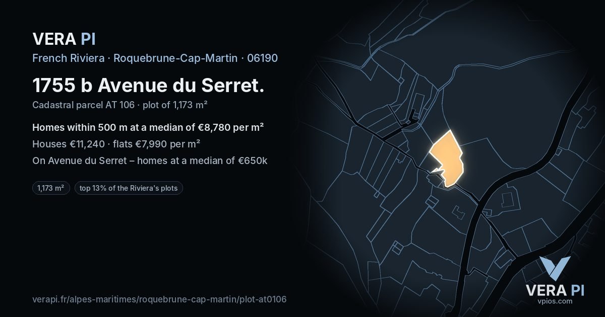 1755 b Avenue du Serret, Roquebrune-Cap-Martin at night – the plot lit, the parcels around coloured by the prices near them