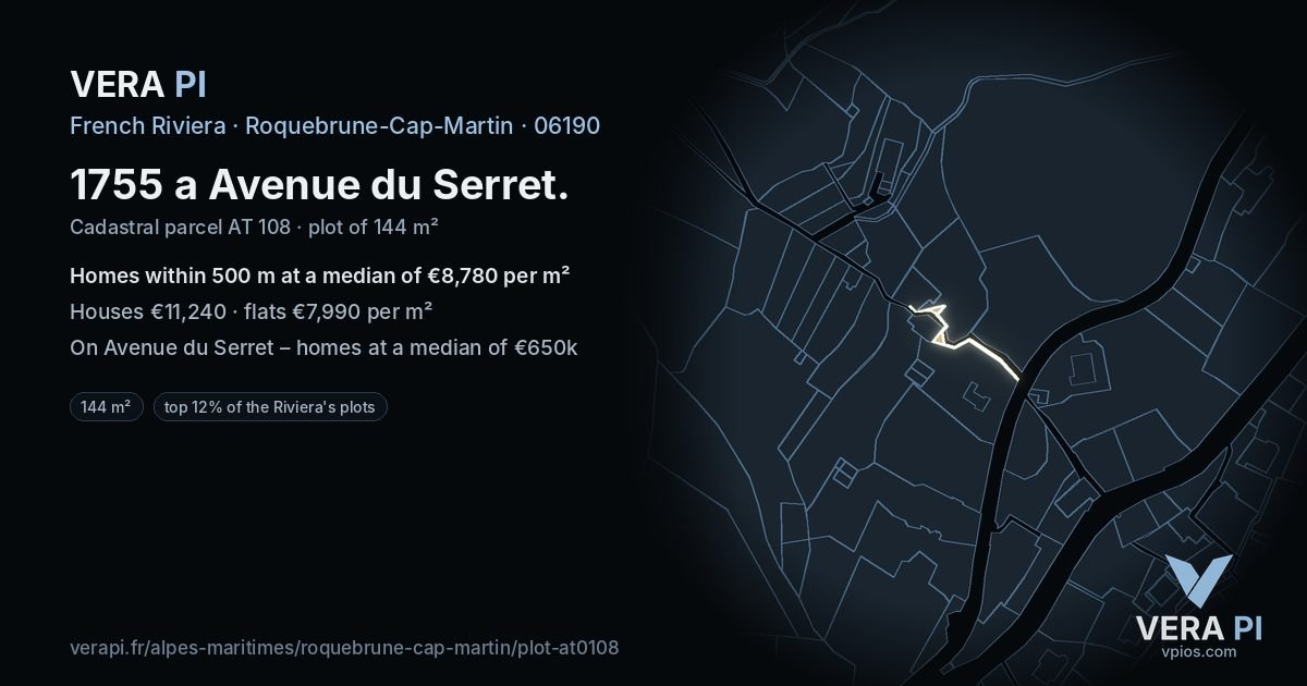 1755 a Avenue du Serret, Roquebrune-Cap-Martin at night – the plot lit, the parcels around coloured by the prices near them
