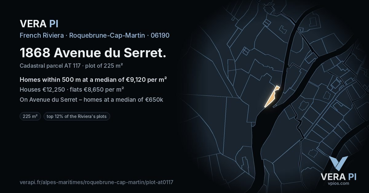 1868 Avenue du Serret, Roquebrune-Cap-Martin at night – the plot lit, the parcels around coloured by the prices near them