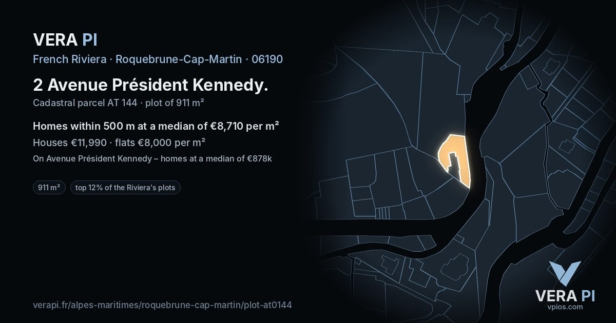 2 Avenue Président Kennedy, Roquebrune-Cap-Martin at night – the plot lit, the parcels around coloured by the prices near them