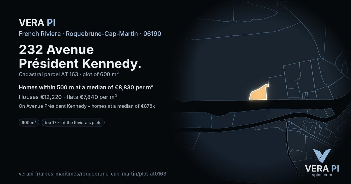 232 Avenue Président Kennedy, Roquebrune-Cap-Martin at night – the plot lit, the parcels around coloured by the prices near them