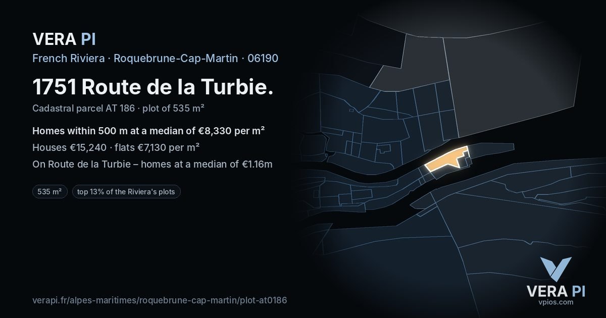 1751 Route de la Turbie, Roquebrune-Cap-Martin at night – the plot lit, the parcels around coloured by the prices near them