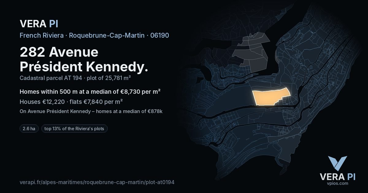 282 Avenue Président Kennedy, Roquebrune-Cap-Martin at night – the plot lit, the parcels around coloured by the prices near them