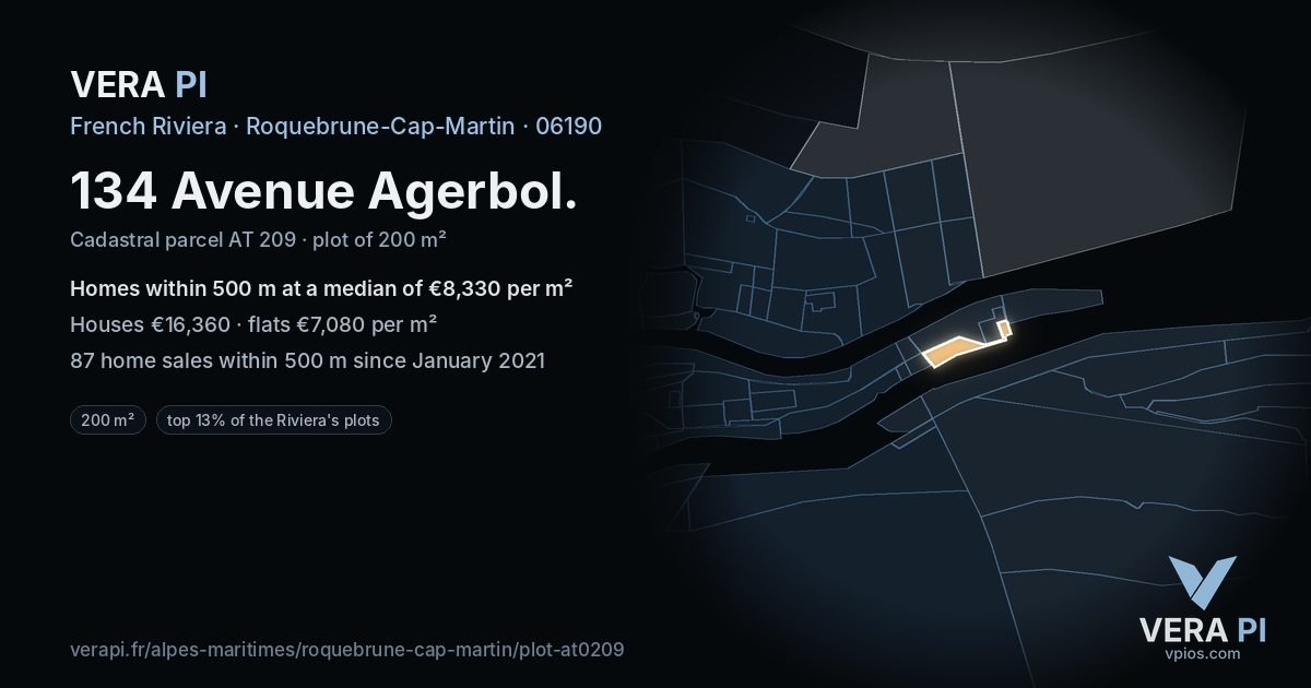 134 Avenue Agerbol, Roquebrune-Cap-Martin at night – the plot lit, the parcels around coloured by the prices near them