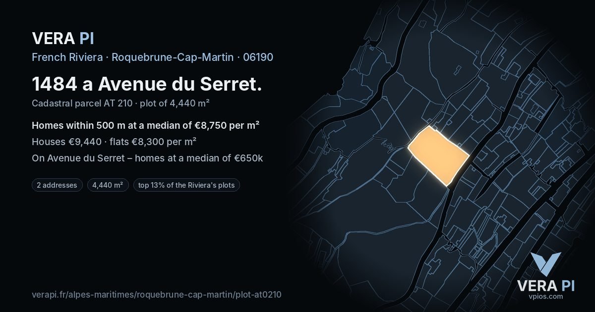 1484 a Avenue du Serret, Roquebrune-Cap-Martin at night – the plot lit, the parcels around coloured by the prices near them