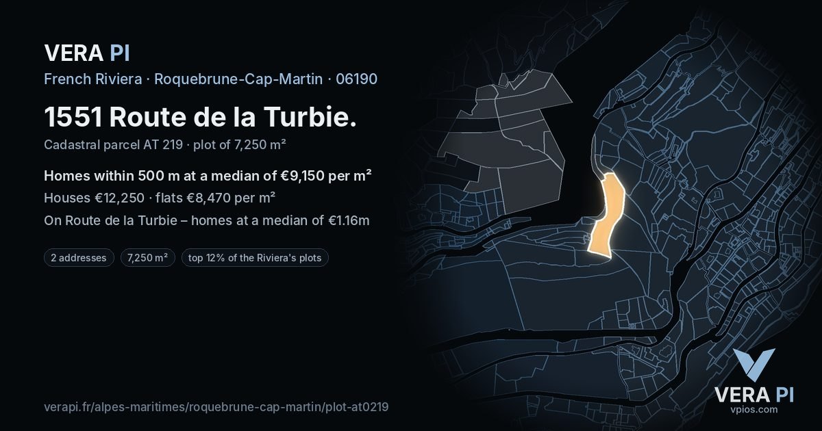1551 Route de la Turbie, Roquebrune-Cap-Martin at night – the plot lit, the parcels around coloured by the prices near them