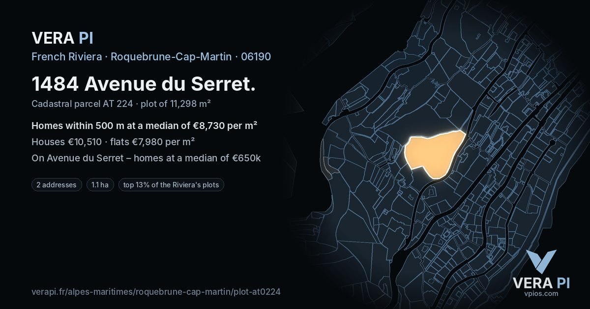 1484 Avenue du Serret, Roquebrune-Cap-Martin at night – the plot lit, the parcels around coloured by the prices near them