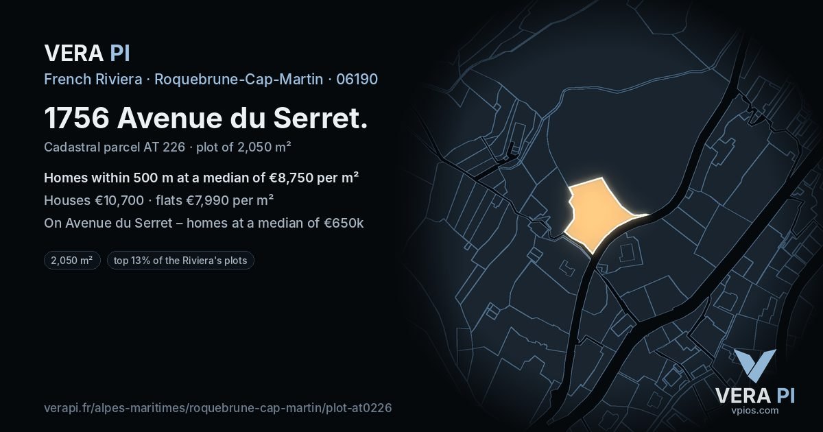 1756 Avenue du Serret, Roquebrune-Cap-Martin at night – the plot lit, the parcels around coloured by the prices near them
