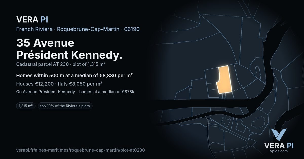 35 Avenue Président Kennedy, Roquebrune-Cap-Martin at night – the plot lit, the parcels around coloured by the prices near them