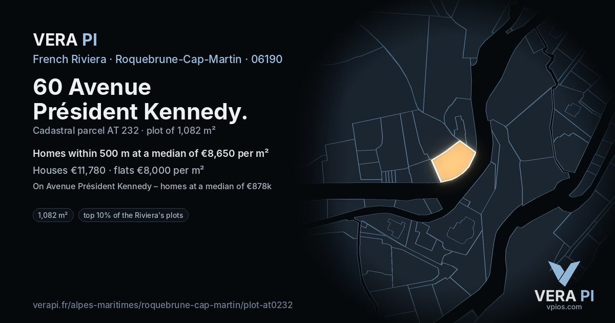 60 Avenue Président Kennedy, Roquebrune-Cap-Martin at night – the plot lit, the parcels around coloured by the prices near them