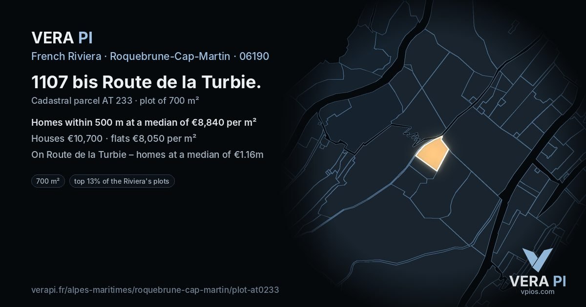 1107 bis Route de la Turbie, Roquebrune-Cap-Martin at night – the plot lit, the parcels around coloured by the prices near them