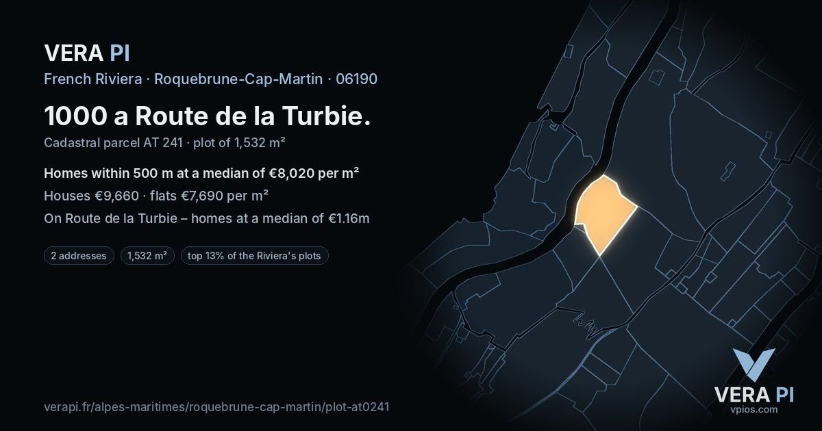 1000 a Route de la Turbie, Roquebrune-Cap-Martin at night – the plot lit, the parcels around coloured by the prices near them
