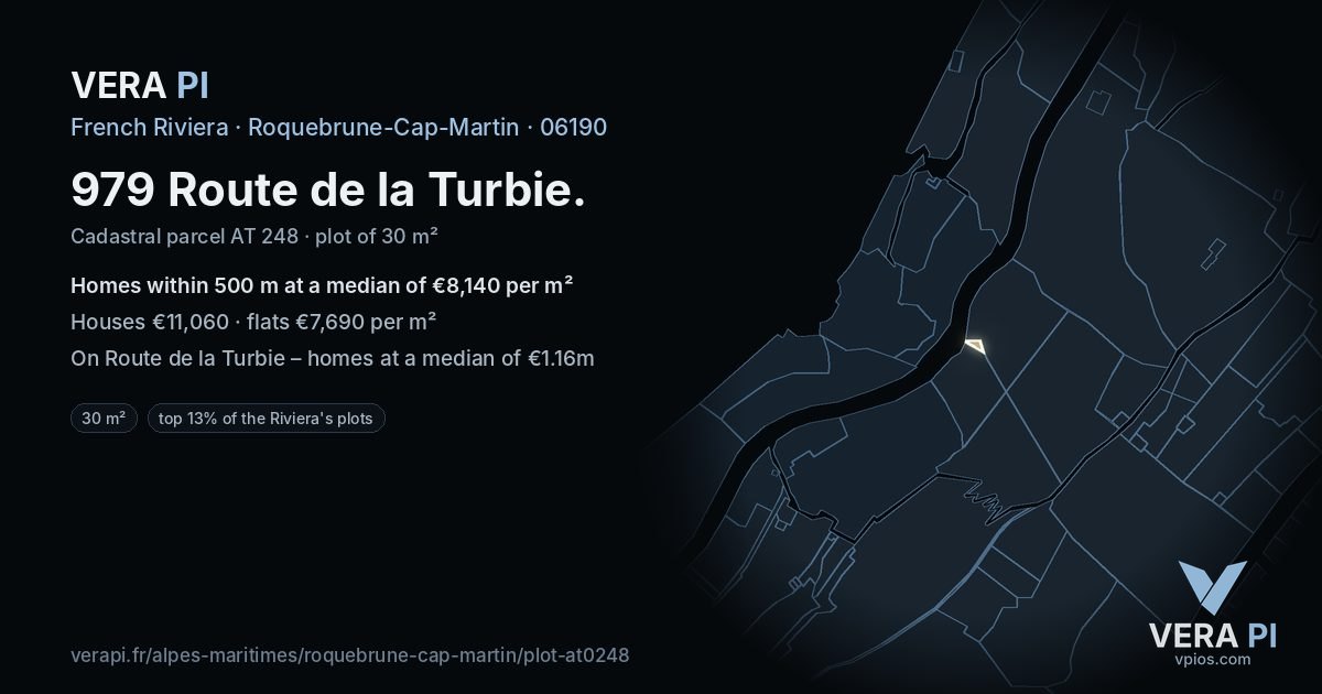 979 Route de la Turbie, Roquebrune-Cap-Martin at night – the plot lit, the parcels around coloured by the prices near them