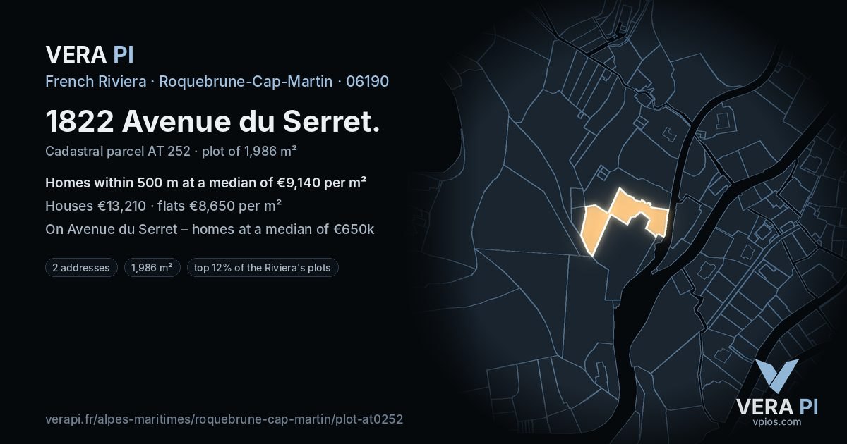 1822 Avenue du Serret, Roquebrune-Cap-Martin at night – the plot lit, the parcels around coloured by the prices near them