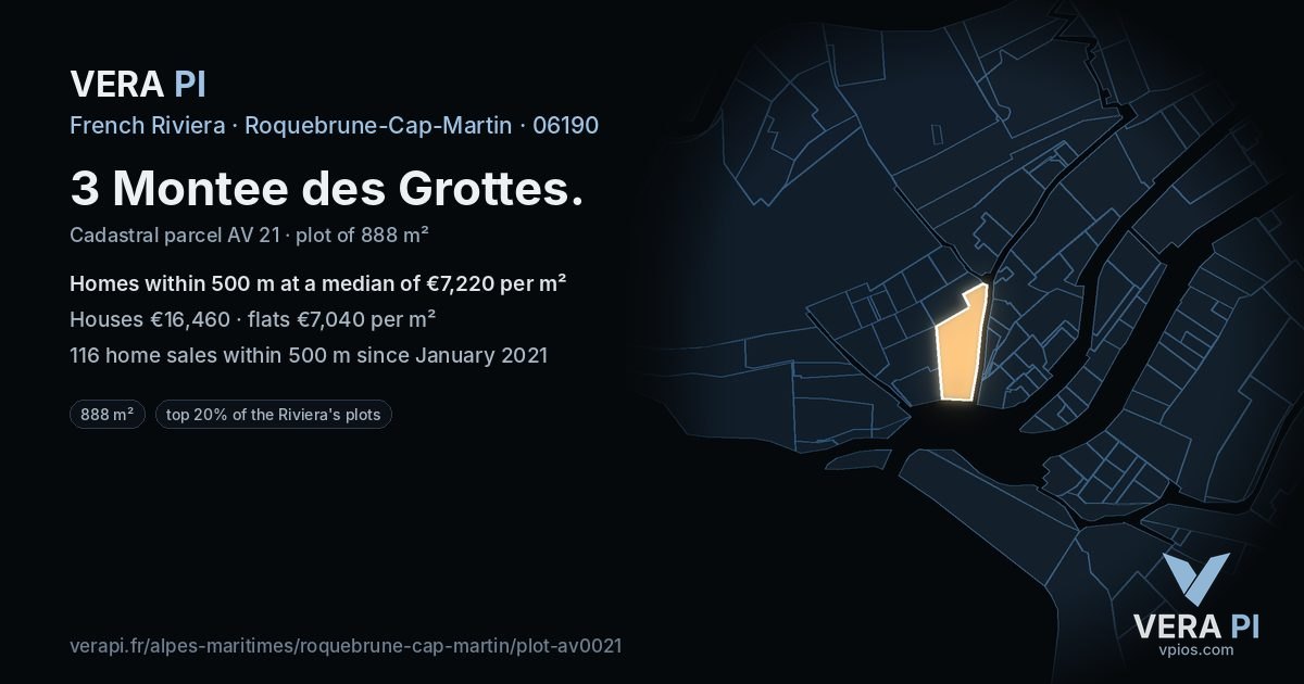 3 Montee des Grottes, Roquebrune-Cap-Martin at night – the plot lit, the parcels around coloured by the prices near them