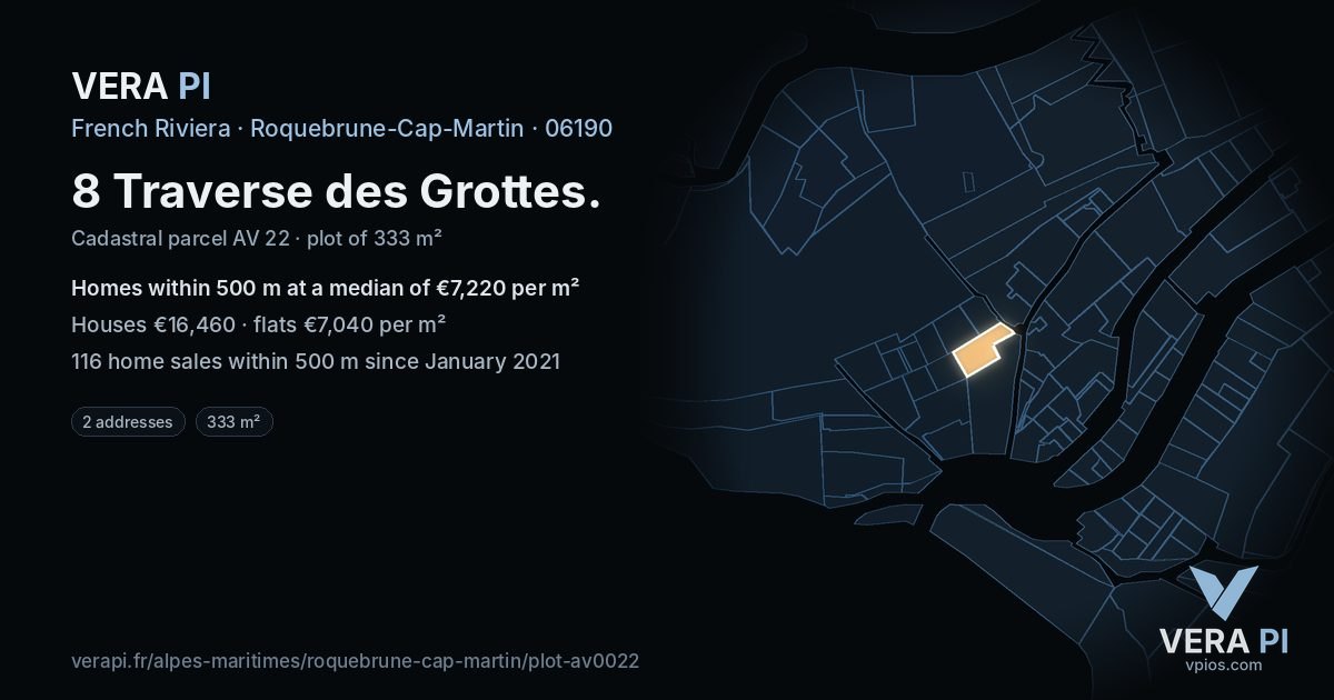 8 Traverse des Grottes, Roquebrune-Cap-Martin at night – the plot lit, the parcels around coloured by the prices near them