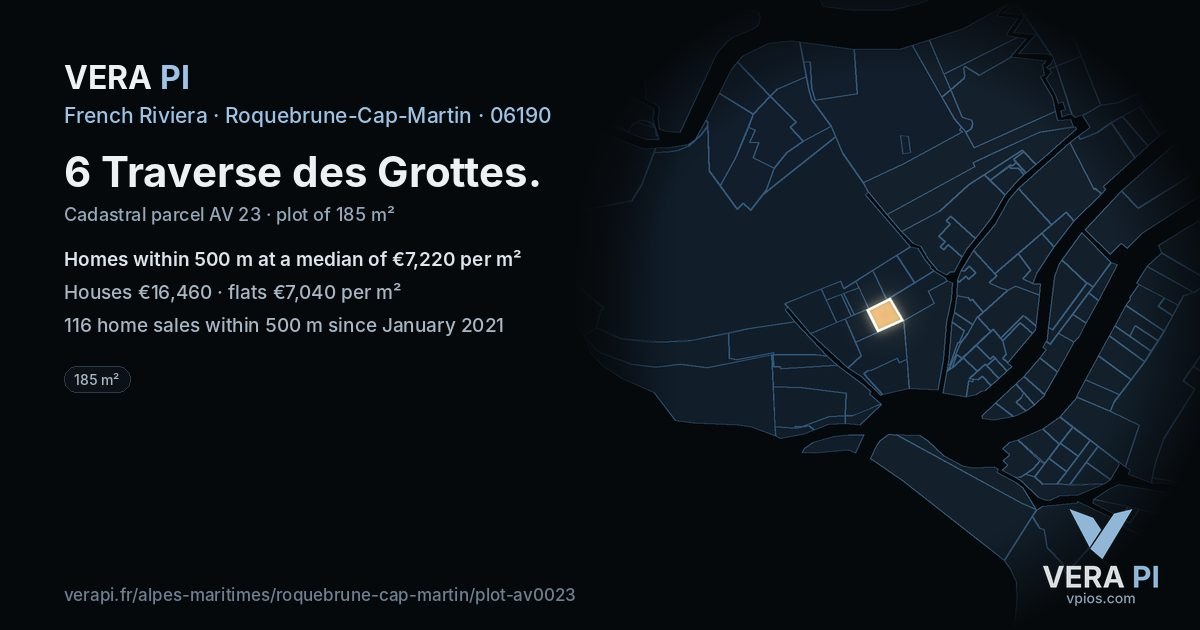 6 Traverse des Grottes, Roquebrune-Cap-Martin at night – the plot lit, the parcels around coloured by the prices near them