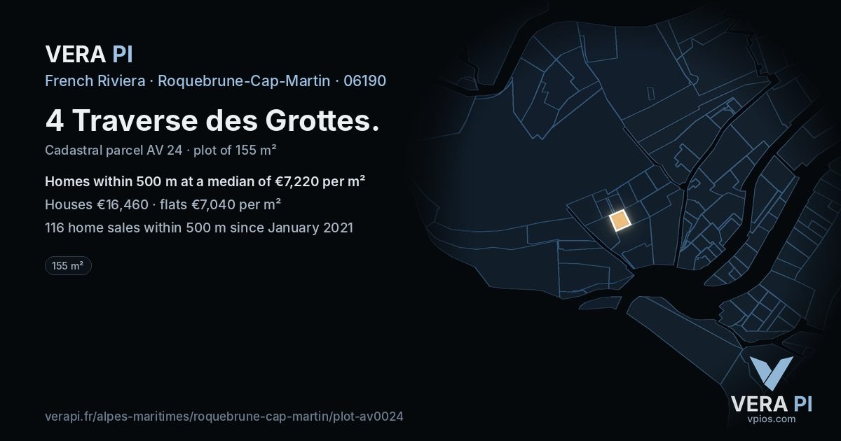 4 Traverse des Grottes, Roquebrune-Cap-Martin at night – the plot lit, the parcels around coloured by the prices near them
