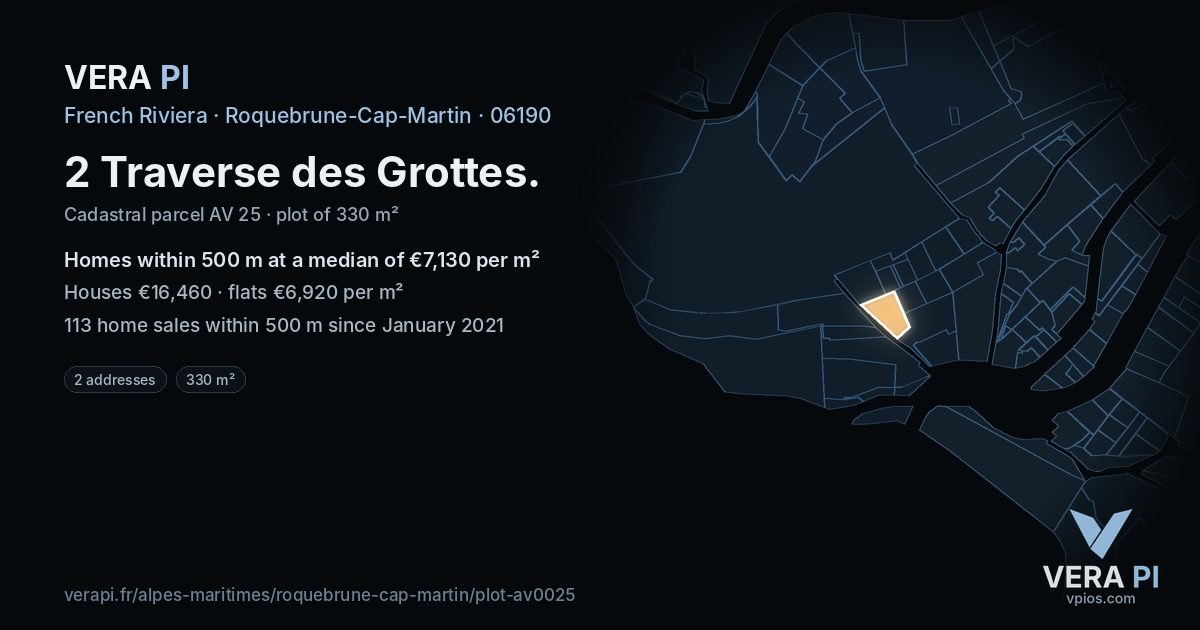 2 Traverse des Grottes, Roquebrune-Cap-Martin at night – the plot lit, the parcels around coloured by the prices near them