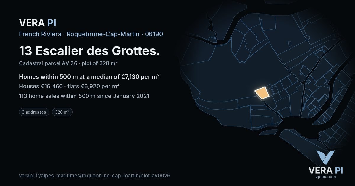 13 Escalier des Grottes, Roquebrune-Cap-Martin at night – the plot lit, the parcels around coloured by the prices near them