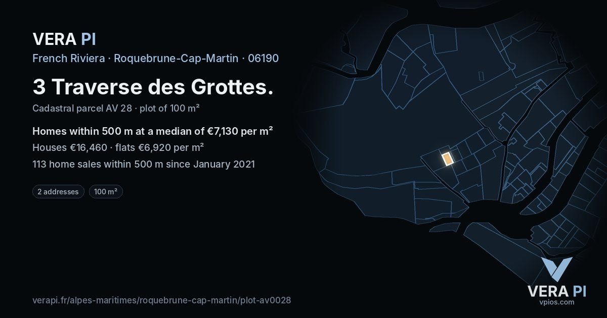 3 Traverse des Grottes, Roquebrune-Cap-Martin at night – the plot lit, the parcels around coloured by the prices near them