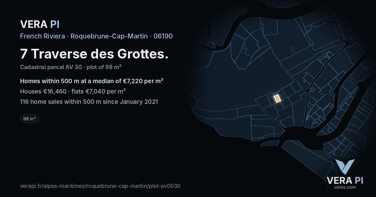 7 Traverse des Grottes, Roquebrune-Cap-Martin at night – the plot lit, the parcels around coloured by the prices near them