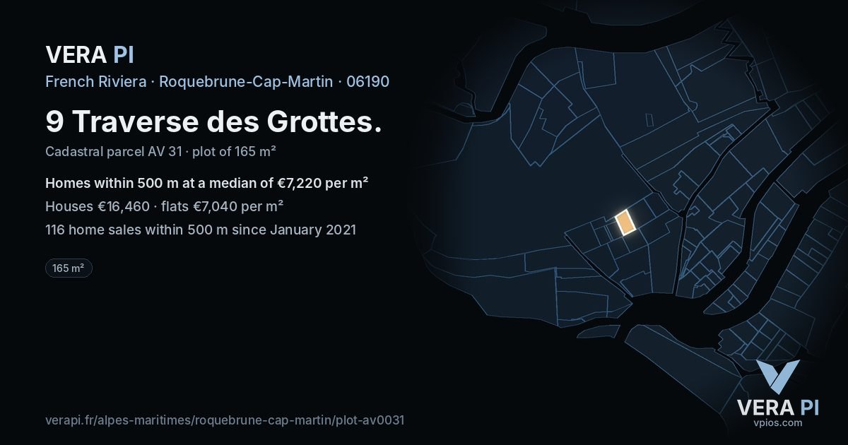 9 Traverse des Grottes, Roquebrune-Cap-Martin at night – the plot lit, the parcels around coloured by the prices near them