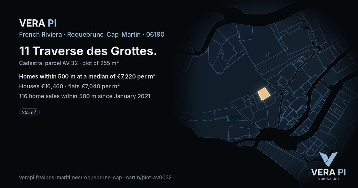 11 Traverse des Grottes, Roquebrune-Cap-Martin at night – the plot lit, the parcels around coloured by the prices near them