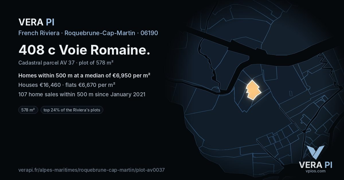 408 c Voie Romaine, Roquebrune-Cap-Martin at night – the plot lit, the parcels around coloured by the prices near them
