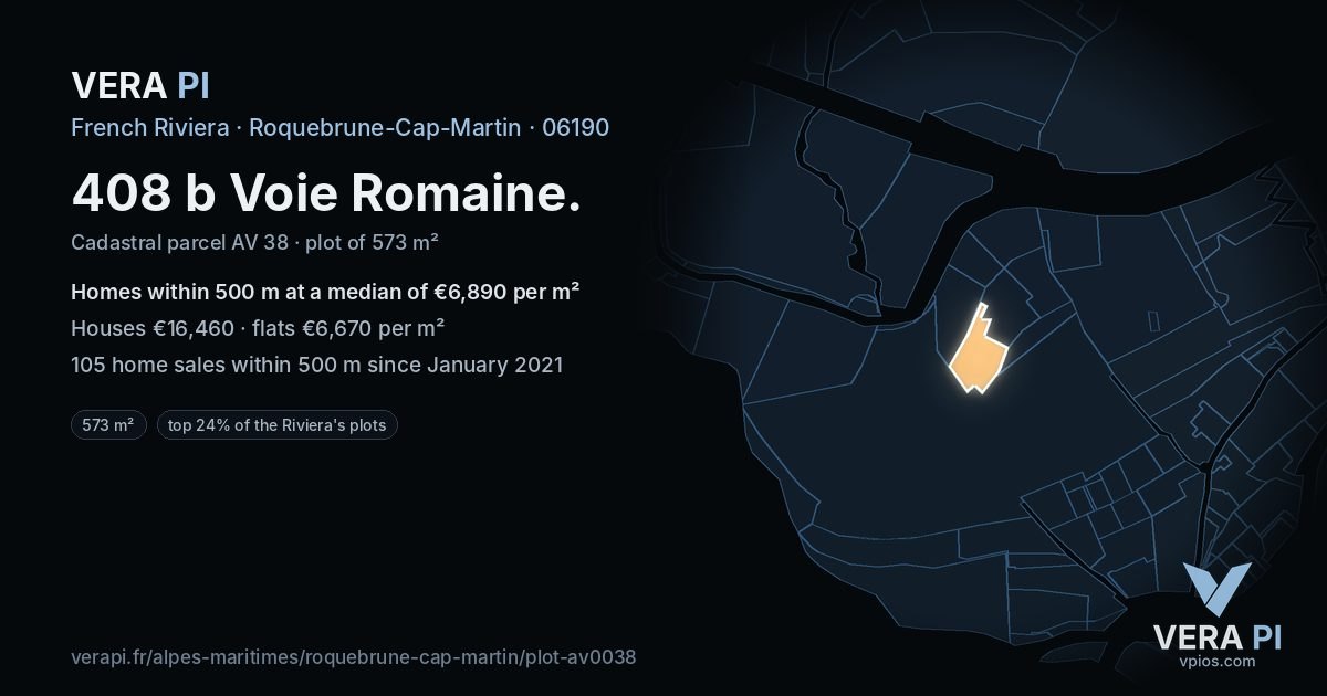 408 b Voie Romaine, Roquebrune-Cap-Martin at night – the plot lit, the parcels around coloured by the prices near them