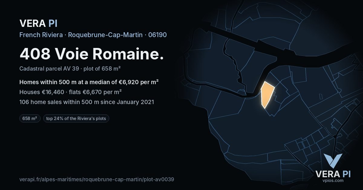 408 Voie Romaine, Roquebrune-Cap-Martin at night – the plot lit, the parcels around coloured by the prices near them